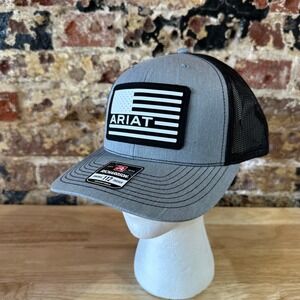 Ariat Mens Gray Black Flag Logo Patch Adjustable Snapback Cap Hat NEW